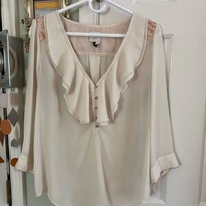 Anthropologie HD in Paris Blouse Womens L Ivory Elinor Top Ruffle 3/4 Sleeve